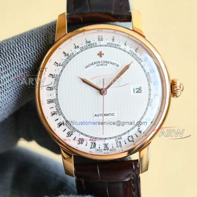 Replica Vacheron Constantin rose gold case heritage watch brown leather strap 